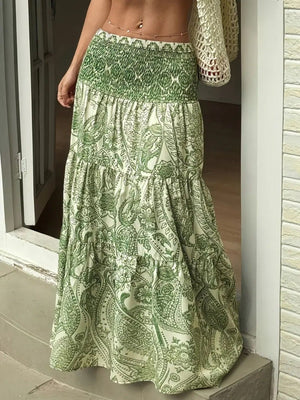 Bohemian maxi skirt in Gum Leaf green with paisley print and smocked waist