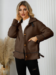 Chocolate teddy textured jacket with leatherette trim and button closure.