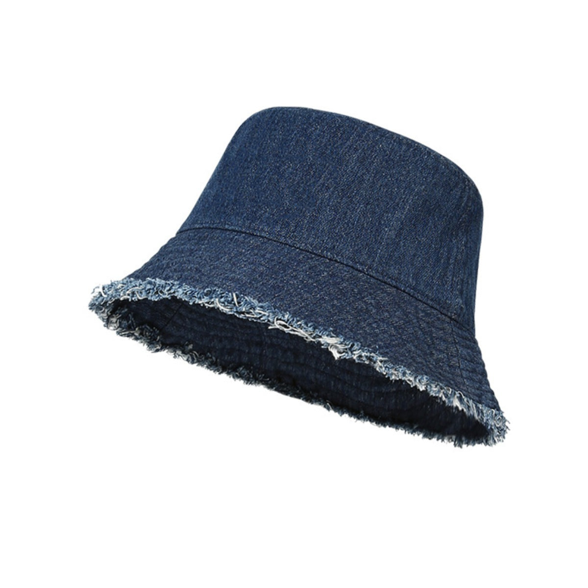 Dark blue denim bucket hat with frayed hem detail.