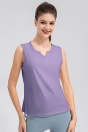 Lavender active tank top with notched neckline and sleeveless design
