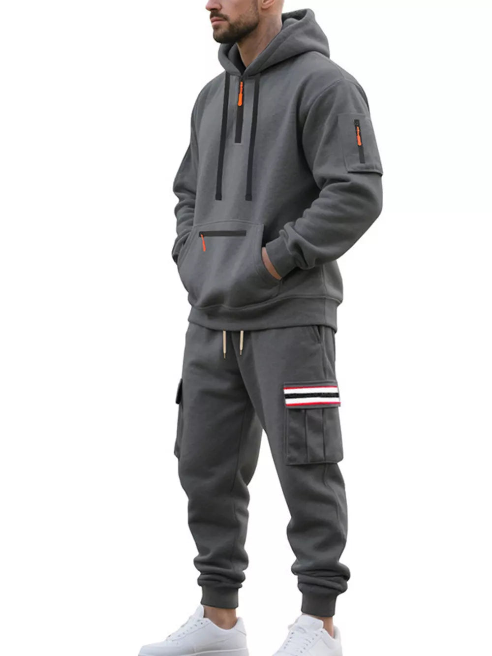 Men's Casual Half-zip Hoodie And Cargo Pants Set in Navy Blue, alternate angle