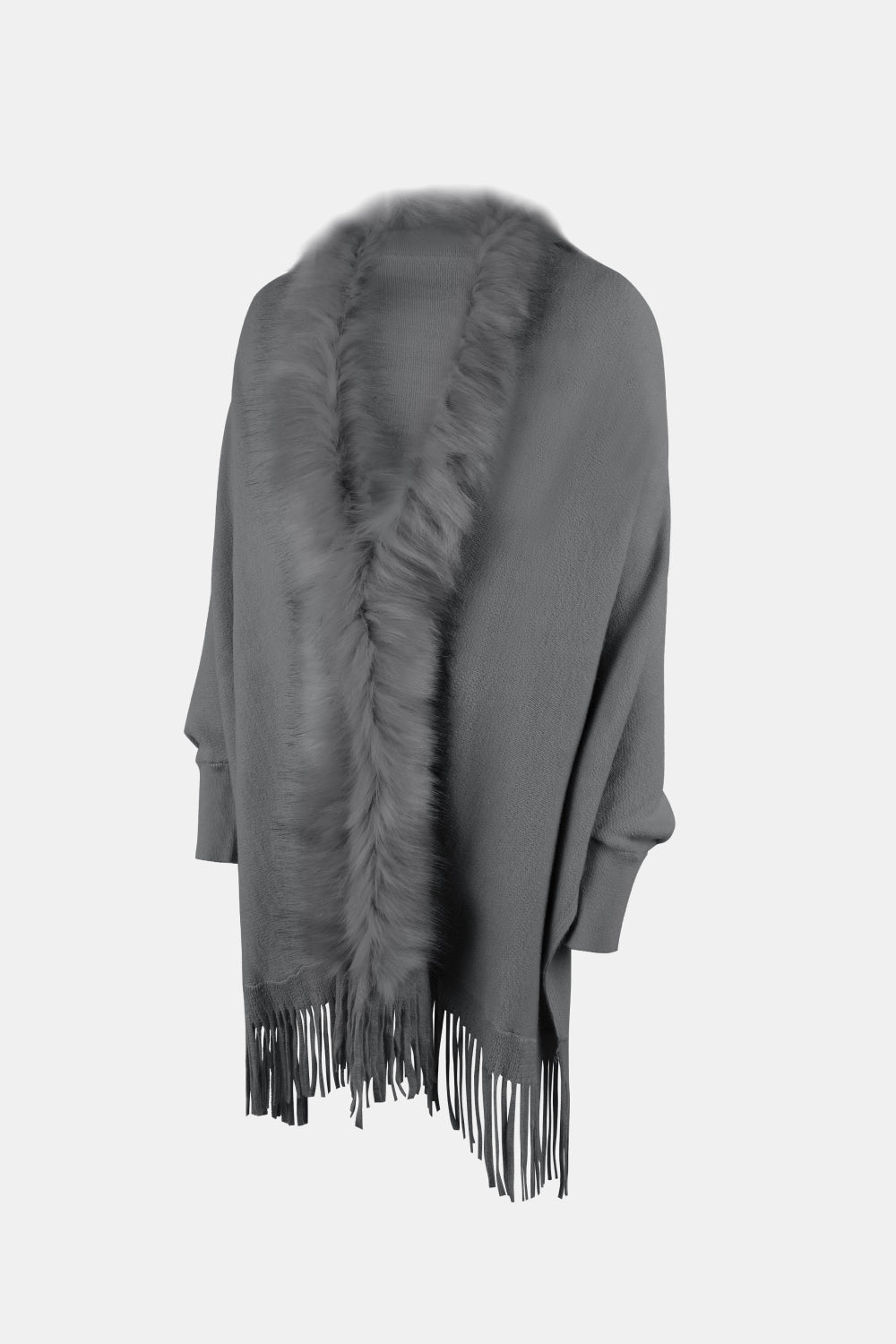 Grey faux fur trimmed fringe cape with textured knit and wide sleeves.