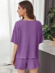 Purple waffle knit henley short set with short sleeves and relaxed fit.