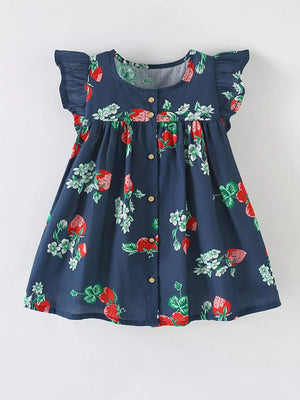 Navy cotton dress with strawberry print, ruffle sleeves, and button front.