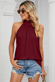 Burgundy high neck halter tank top with gathered neckline detail