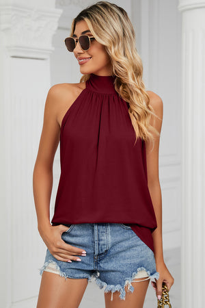 Burgundy high neck halter tank top with gathered neckline detail
