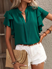 Dark green ruffled sleeve blouse with plunge neckline and gathered detail
