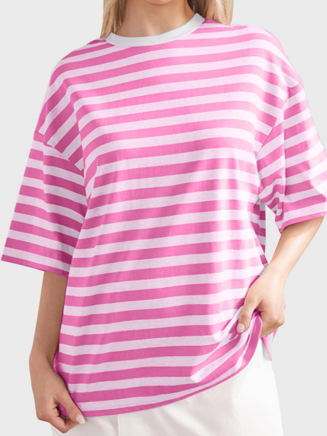 Oversized striped tee in Fuchsia Pink and white with dropped sleeves and crew neck.