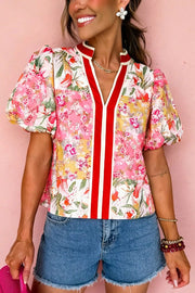 Contrast Collared V Neck Short Sleeve Floral Blouse in Floral, model styling view