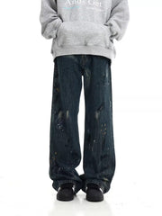 Distressed dark blue wide-leg jeans with paint splatters, cotton, casual style