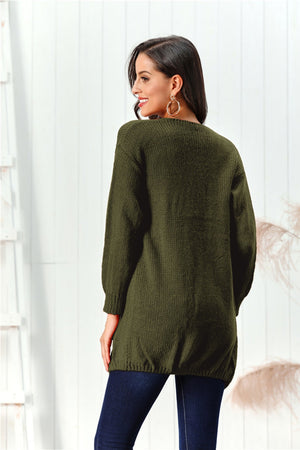 Army green acrylic knit cardigan with long sleeves and a draped open-front cut.