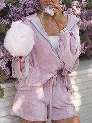 Zip Up Hooded Outerwear And Shorts Set in Grey, fabric detail