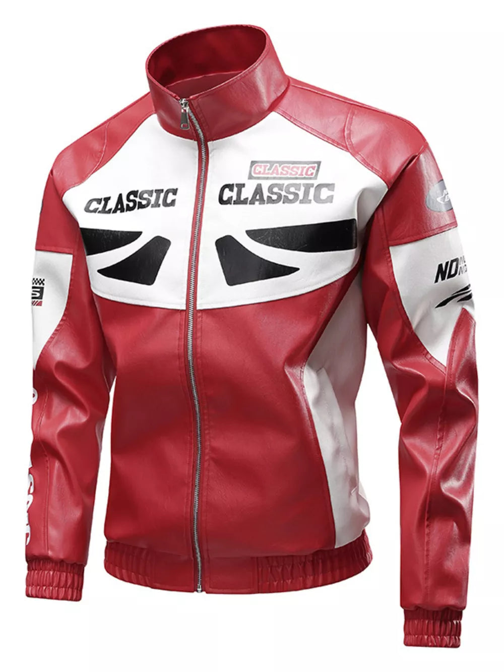 Red and white color block moto jacket with "CLASSIC" graphic details and a zip front.