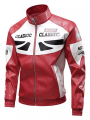 Red and white color block moto jacket with "CLASSIC" graphic details and a zip front.