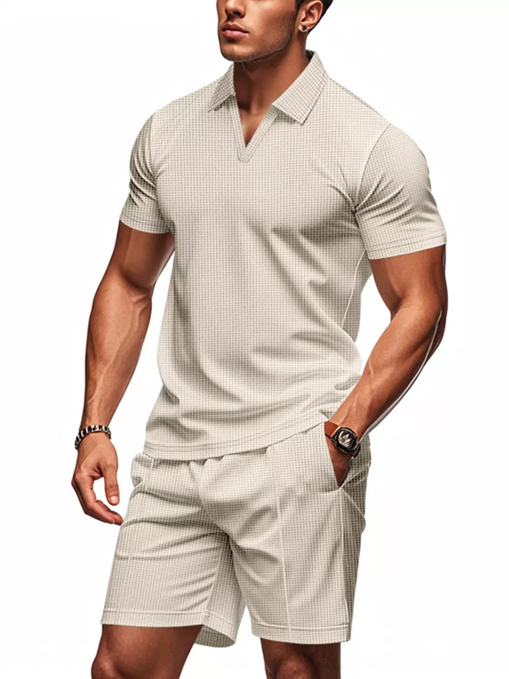 Men's Khaki textured polo shirt and shorts ensemble with V-neck and elastic waist.