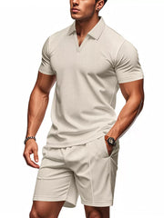 Men's Khaki textured polo shirt and shorts ensemble with V-neck and elastic waist.