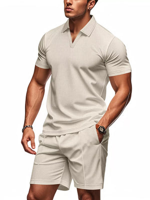 Men's Khaki textured polo shirt and shorts ensemble with V-neck and elastic waist.