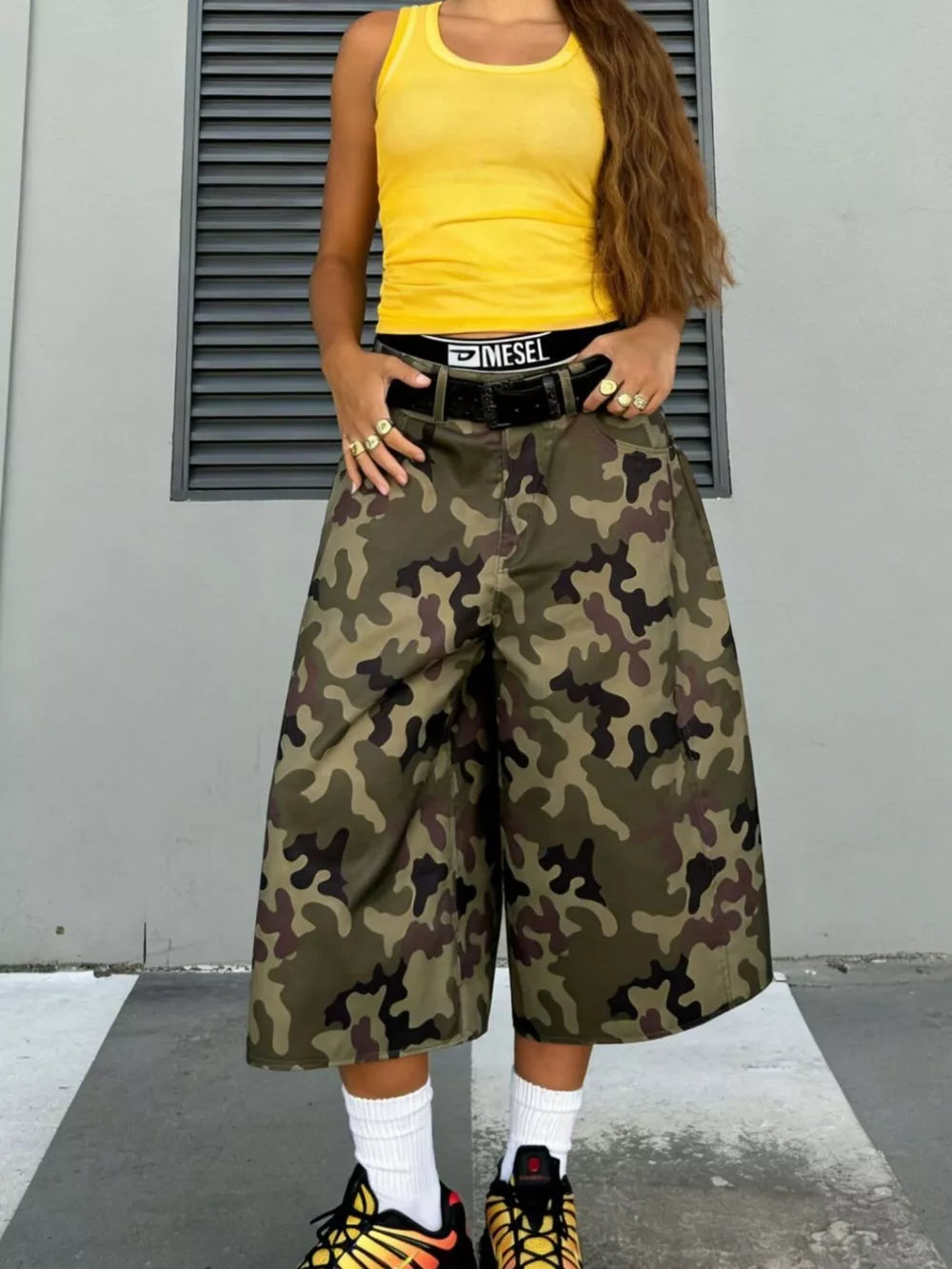 Camouflage Wide-leg Cropped Pants in Polish Camouflage, front view