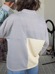 Floral Striped Drop Sleeve Collared Sweatshirt in Cream, fit detail