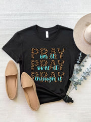 Black graphic tee with leopard print text "PRAY on it PRAY over it PRAY through it