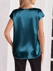 Lustrous satin V-neck blouse in blue with short sleeves and a relaxed fit.