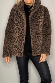 Brown leopard print faux fur collar coat with button front.