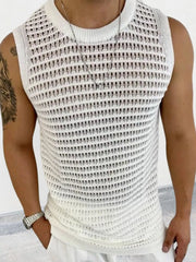 Openwork knit tank top in ivory with a crew neckline and sleeveless design.