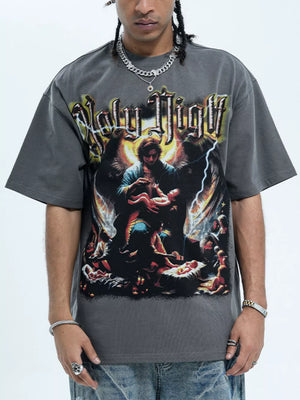 Grey oversized cotton t-shirt with Holy Night graphic print and angelic imagery.