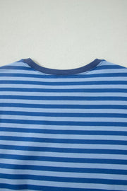 Blue striped cotton crew neck top with ribbed neckline.
