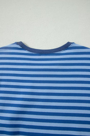 Blue striped cotton crew neck top with ribbed neckline.