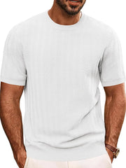 White chevron knit crew neck tee with short sleeves and ribbed hem.