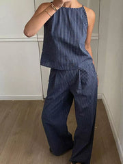 Blue striped sleeveless top and wide-leg pants set with a halter neckline.