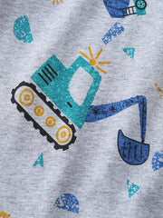 Toddler grey cotton crew neck t-shirt with all-over excavator print.