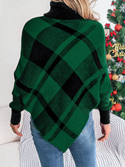 Green and black tartan turtleneck poncho sweater with asymmetric hem.