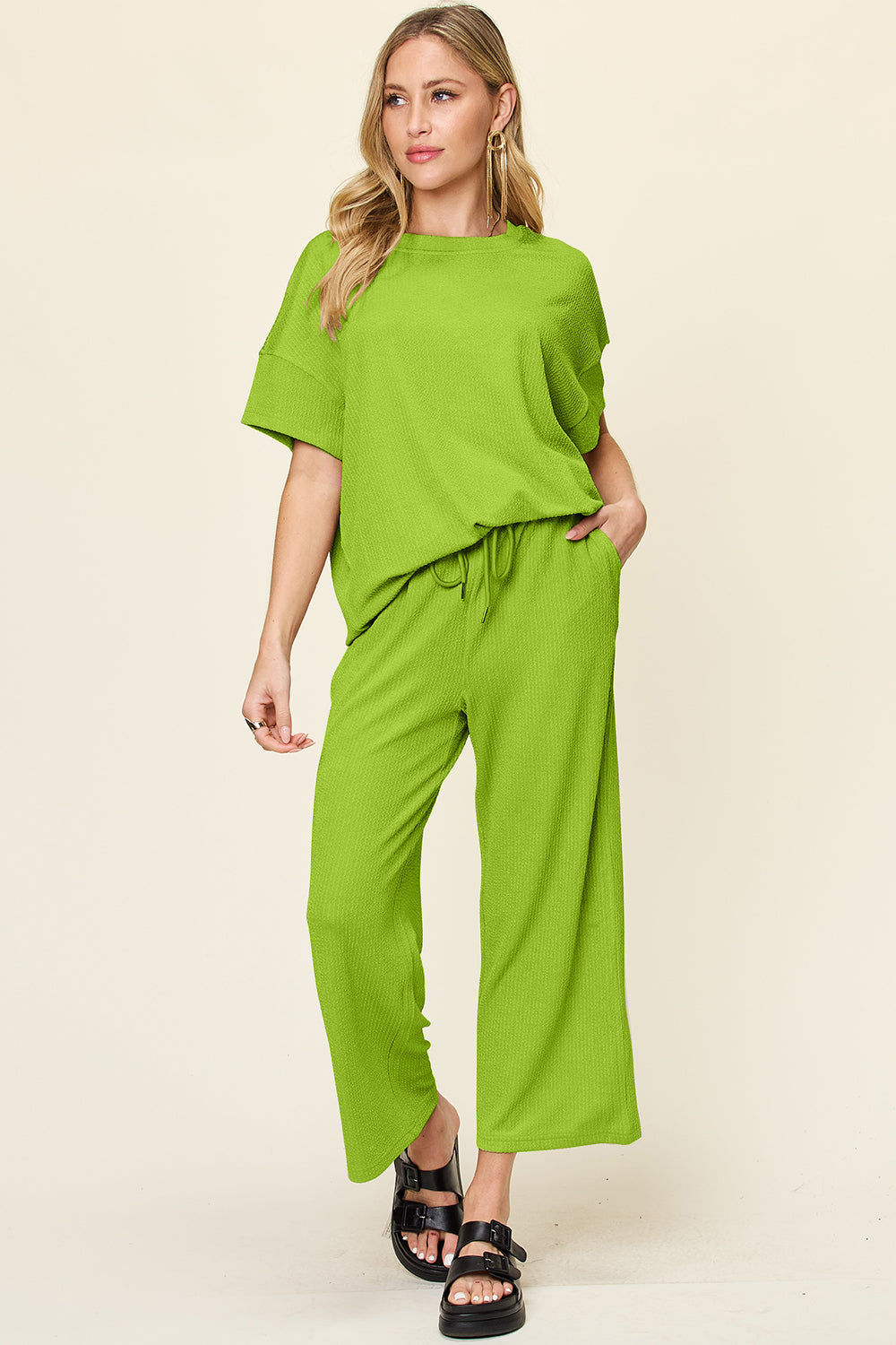 Lime waffle knit lounge set with drawstring pants and short sleeve top