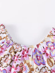 Girls' floral print cotton top with smocked neckline