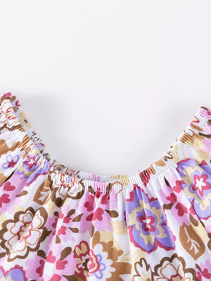 Girls' floral print cotton top with smocked neckline