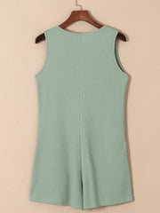 Sage waffle knit button-down romper with pockets