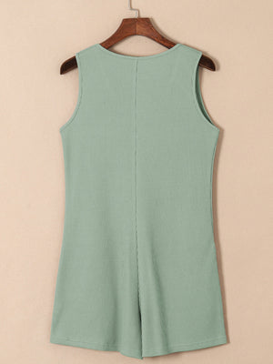 Sage waffle knit button-down romper with pockets