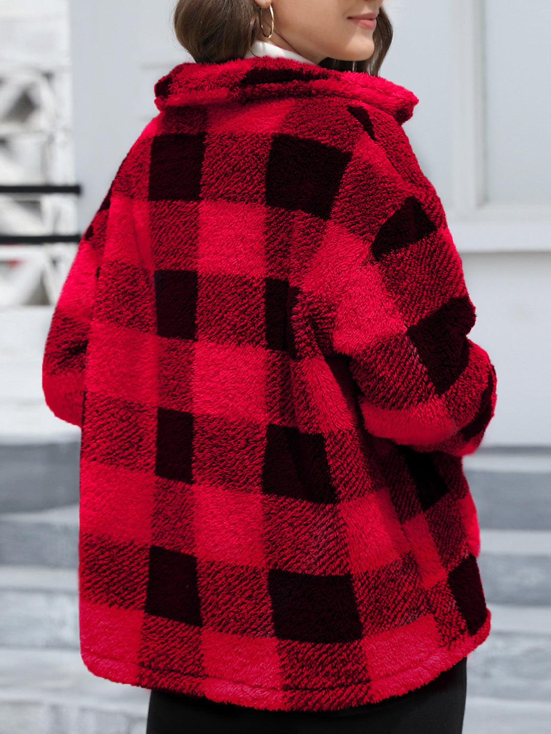 Plaid sherpa overshirt jacket in Deep Red with a button-front and collared neckline.