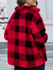 Plaid sherpa overshirt jacket in Deep Red with a button-front and collared neckline.