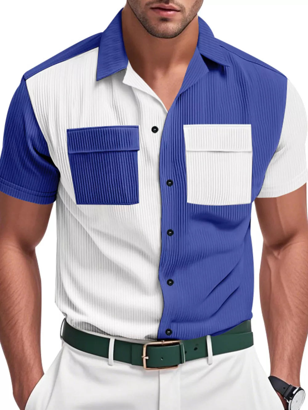 Two-tone textured short sleeve button-down shirt with chest pockets