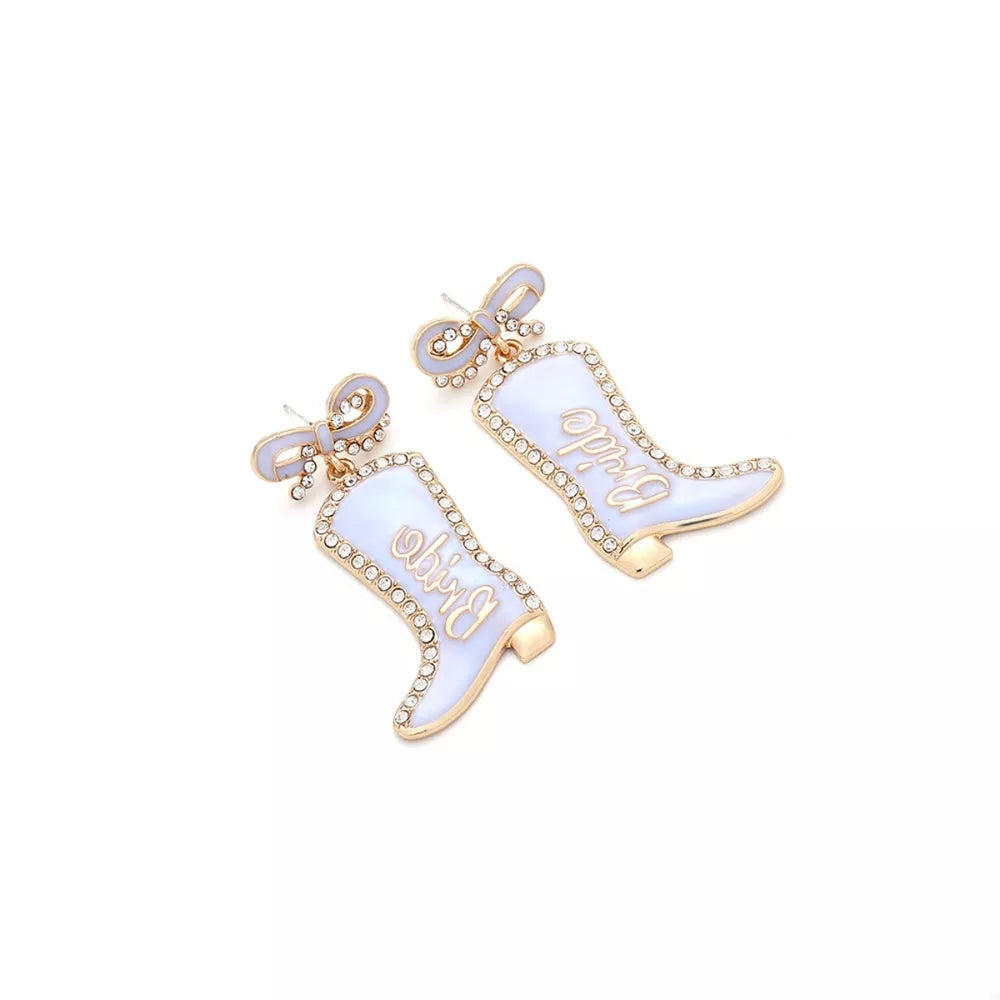Light blue bridal cowboy boot dangle earrings with rhinestone trim and bow detail