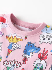 Children's Cartoon Print Short Sleeve Dress, close-up detail
