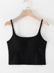 Black built-in bustier crop camisole with adjustable spaghetti straps and a square neckline.