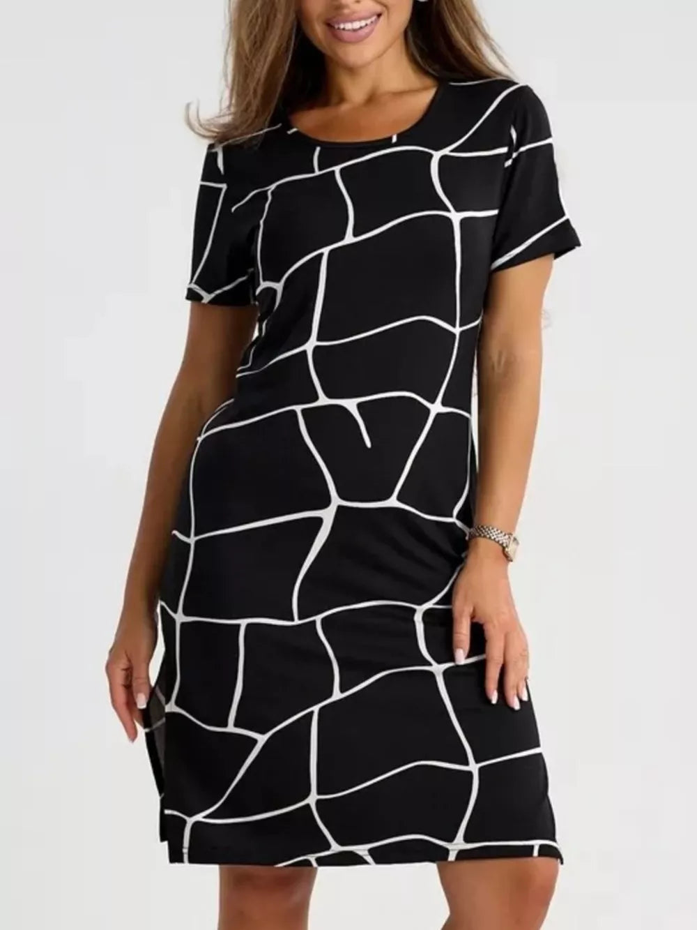 Full Size Geometric Print Midi Dress With Side Slit in Beige, side view