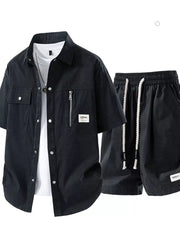 Men's Plus Size Lightweight Textured Shirt And Shorts Set in Beige, back view