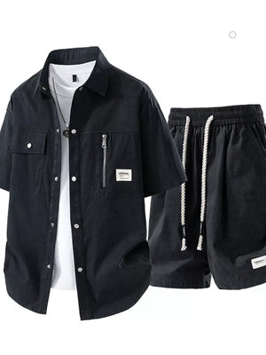 Men's Plus Size Lightweight Textured Shirt And Shorts Set in Beige, back view