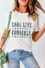 White crew t-shirt with "Long Live Cowgirls" graphic and stars.
