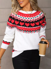 White crew neck sweater with red heart motif pattern, acrylic knit, long sleeves